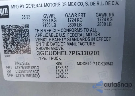 2023 Chevrolet Silverado 1500 4Wd Short Bed Zr2 z USA, uszkodzony, nr VIN 3GCUDHEL7PG330201